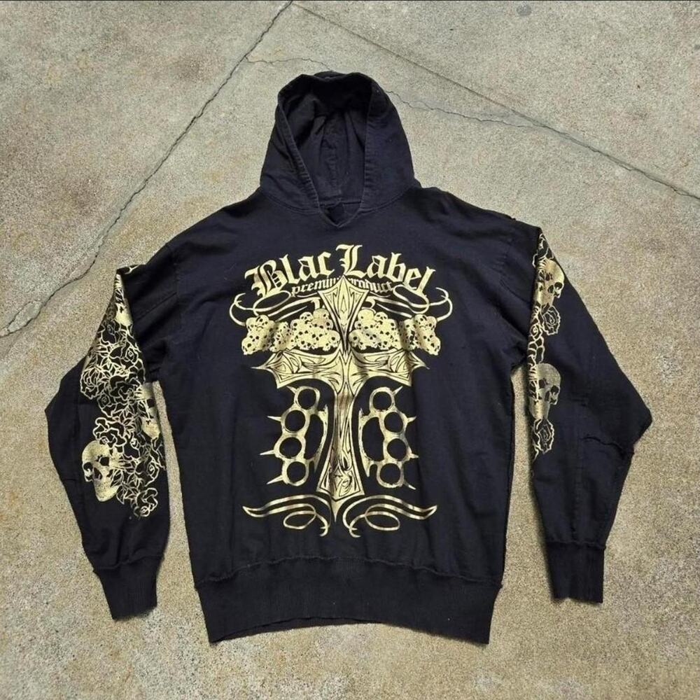 Vtg Y2k BLAC LABEL Cross Skulls Brass Knuckles Goth Cyber Hooded Sweatshirt XL